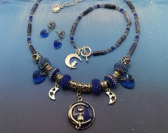 Sodalite Cat Celestial Theme Adjustable Jewelry, Set of 3, Genuine Gem Navy Charm Necklace, Toggle Bracelet, Post Earrings, Sterling, Signed