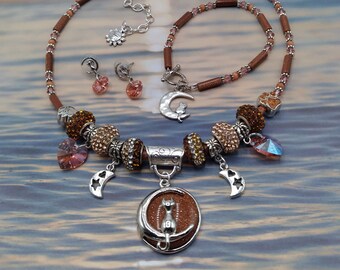 Goldstone & Silver Celestial Cat 17” Adjustable Gem Necklace, 3 Piece Set Includes Coordinating Bracelet, Sterling Cat Earrings, Original