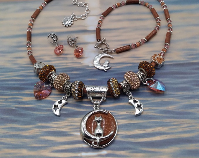 Goldstone & Silver Celestial Cat 17” Adjustable Gem Necklace, 3 Piece Set Includes Coordinating Bracelet, Sterling Cat Earrings, Original