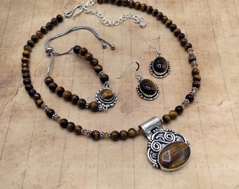 Tiger's Eye & Silver Genuine Mocha Gemstone Jewelry 3 Piece Set, Beaded Adjustable Slide Pendant Necklace, Bracelet, Pierced Earrings, USA