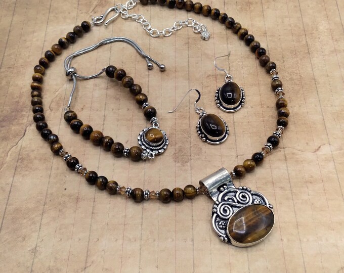 Tiger's Eye & Silver Genuine Mocha Gemstone Jewelry 3 Piece Set, Beaded Adjustable Slide Pendant Necklace, Bracelet, Pierced Earrings, USA