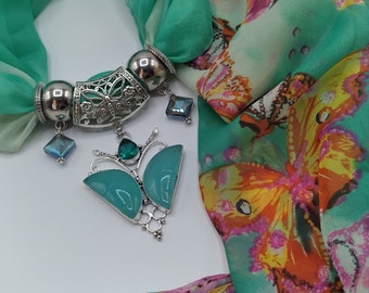 Aqua Chalcedony Butterfly Scarf Gem Pendant Necklace, 6 Piece Set Also Includes Coordinating Aqua Butterfly Long Scarf and 4 Scarf Rings