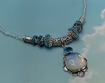 Opalite & Blue Topaz Silver Slider Pendant Necklace with Crystal Charms