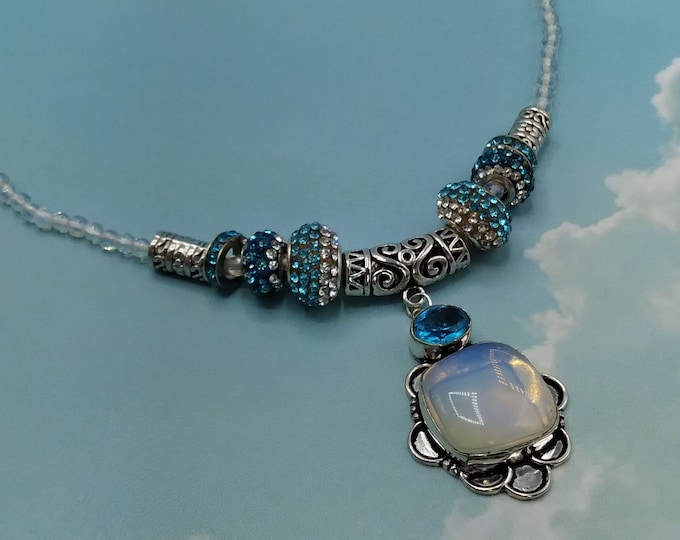 Opalite & Blue Topaz Silver Slide Pendant, 18" Opalite Adjustable Necklace, 8 Removable Pave Crystal and Silver Accent Beads, 10 Piece Set