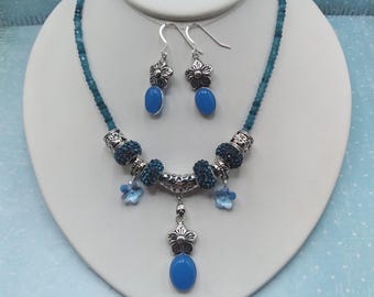 Blue Howlite Flower Charm Necklace and Earrings,17-21 inch Adjustable Gem & Crystal Necklace with Matching Sterling Ear Wire Flower Earrings