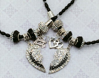Mother and Daughter 2 Necklace Set, 18 to 22 inch Onyx and Crystal Adjustable Necklaces with 8 Removable Crystal  and Silver Charms on Each