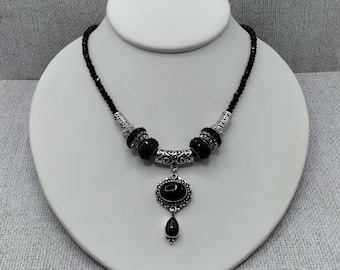 Black Onyx and Silver Slide Gem Pendant, 10 Piece Set, 18" Faceted Black Agate Beaded Necklace, 8 Removable Pave Crystal and Silver Beads