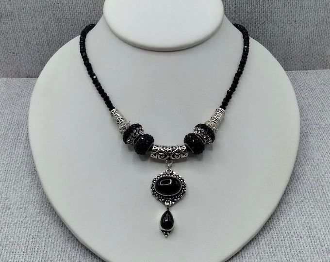 Black Onyx and Silver Slide Gem Pendant, 10 Piece Set, 18" Faceted Black Agate Beaded Necklace, 8 Removable Pave Crystal and Silver Beads