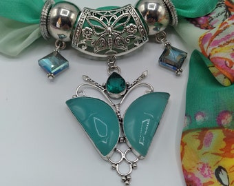 Aqua Chalcedony Butterfly Slide Gemstone Pendant Necklace Set: Includes Scarf & Rings