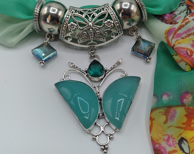 Aqua Chalcedony Butterfly Slide Gemstone Pendant Necklace Set: Includes Scarf & Rings