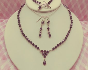 Solid Sterling Burgundy Garnet Beaded 3 Piece Jewelry Set of 18" Adjustable Necklace, Toggle Bracelet, Chandelier Sterling Earrings, Signed