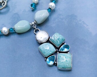 Amazonite Pearl Blue Topaz Genuine Gem Sterling Silver Jewelry Set: Necklace, Bracelet, Earrings