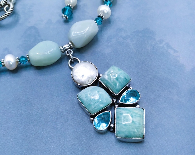 Aqua Amazonite, Pearl, Blue Topaz Solid Sterling Statement Pendant, 3 Pc  Set, Gem Beaded Adjustable  Necklace, Matching Bracelet, Earrings