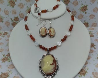 Cameo 3 Piece Beaded Jewelry Set, Genuine Red Carnelian Mother-of-Pearl Adjustable Necklace, Coordinating Bracelet, Matching Cameo Earrings