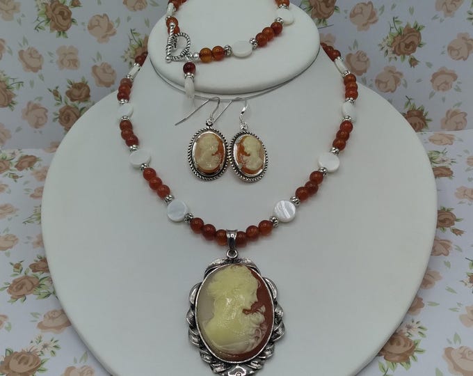 Cameo 3 Piece Beaded Jewelry Set, Genuine Red Carnelian Mother-of-Pearl Adjustable Necklace, Coordinating Bracelet, Matching Cameo Earrings