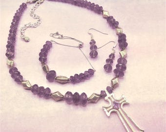 Faceted Amethyst Solid Sterling Beaded Jewelry Set, Adjustable Cross Necklace, Coordinating  Adjustable Bracelet, Faceted Pierced Earrings