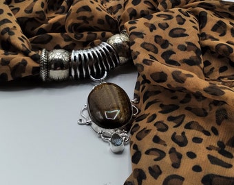 Tigers Eye & Smoky Quartz Scarf Gemstone Slide Pendant Necklace, 6 Piece Set Includes Coordinating Animal Print Long Scarf, 4 Scarf Rings