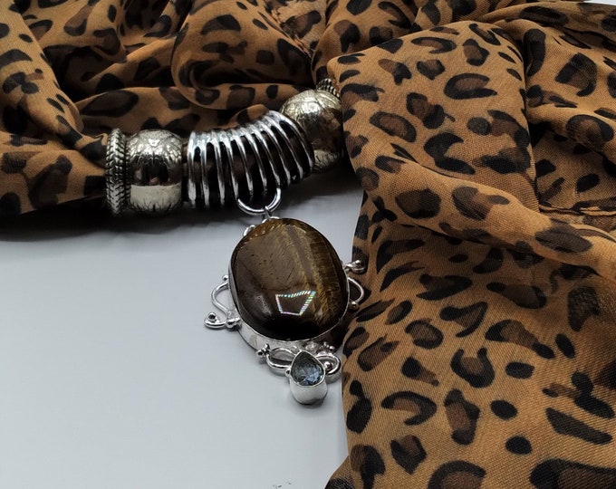 Tigers Eye & Smoky Quartz Scarf Gemstone Slide Pendant Necklace, 6 Piece Set Includes Coordinating Animal Print Long Scarf, 4 Scarf Rings