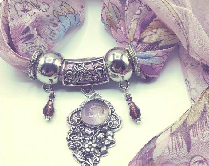 Amethyst Scarf Slide Pendant Necklace Set: Floral Lavender Scarf & Rings