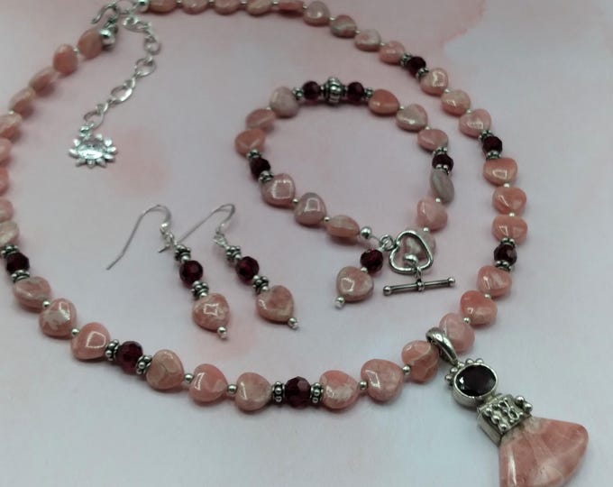 Pink Rhodochrosite & Garnet Solid Sterling Jewelry Set of 3, Adjustable Necklace, Bracelet, Earrings, Genuine Gemstones, Signed Original