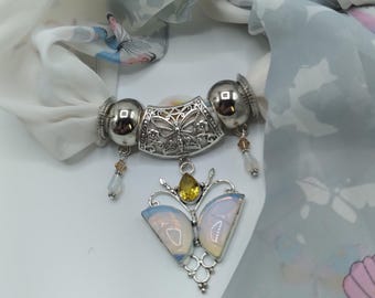 Opalite & Citrine Carved Butterfly Gem Scarf Pendant Necklace, 6 Piece Set Includes Coordinating Gray Butterfly Long Scarf and 4 Scarf Rings