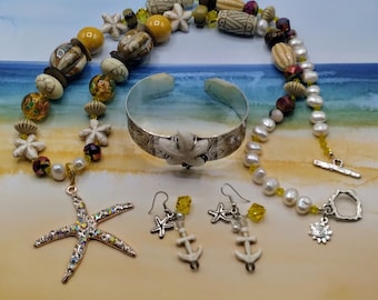 Starfish 4 Piece Jewelry Set, Removable Crystal Enhancer Pendant, 32 inch Beaded Island Luxe Long Necklace, Coordinating Bracelet & Earrings