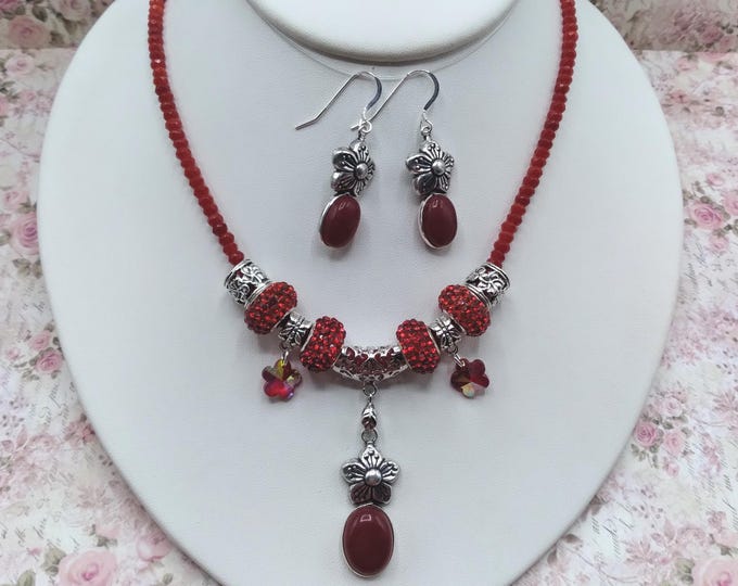 Red Agate Flower and Crystal Slider Necklace & Sterling Silver Earrings Set