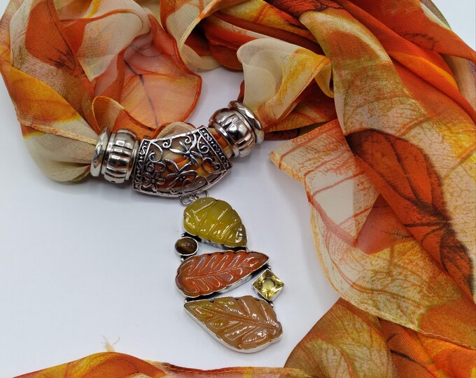 Agate Carved Leaves Scarf Slide Necklace with Scarf, Gemstone Pendant, Rings  6-Piece Set