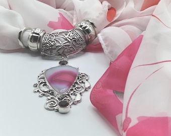 Agate with Garnet Scarf Slide Pendant Necklace includes Floral Scarf and Rings, 6 Piece Set