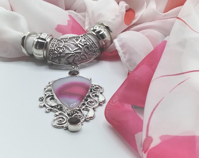 Agate with Garnet Scarf Slide Pendant Necklace includes Floral Scarf and Rings, 6 Piece Set