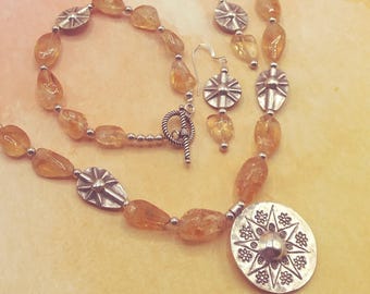 Citrine and Solid Sterling Genuine Gemstone 3 Piece Beaded Jewelry Set, 18 inch Adjustable Necklace, Coordinating Bracelet, Earrings, Signed