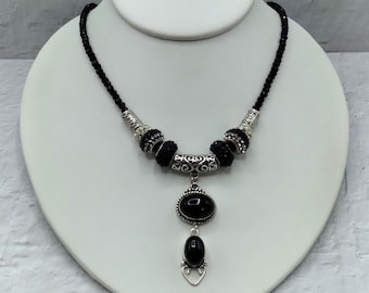 Black Onyx Silver Slide Gem Pendant Necklace: Agate Beaded, Crystal Accents