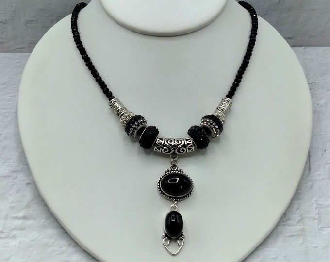 Black Onyx, Silver Slide Gem Pendant, 18" Faceted Agate Beaded Adjustable Extender Necklace, 8 Pave Crystal & Silver Beads, 10 Piece Set