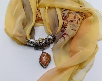 Red Agate Carved Leaf Genuine Gemstone Scarf Slide Pendant Necklace, 6 Piece Set Also Includes Washable Long Floral Scarf and 4 Scarf Rings