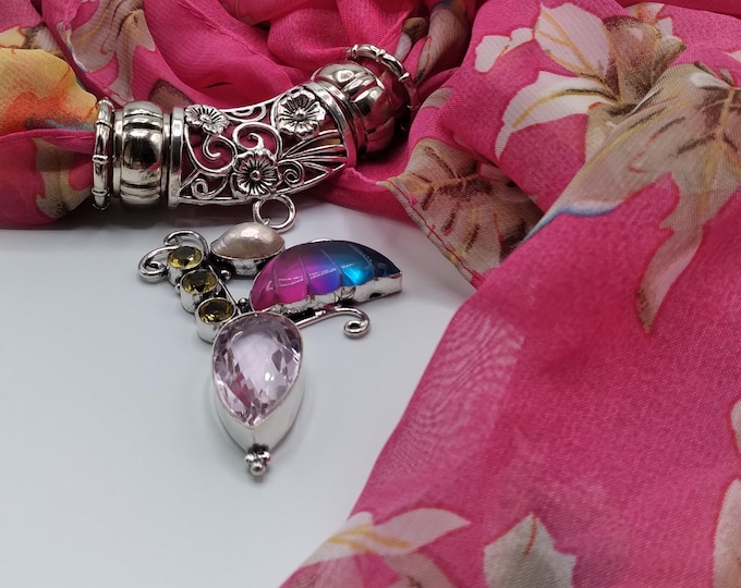 Pink and Blue Topaz Butterfly Wing, Citrine, Gem Scarf Slide Pendant Necklace, 6 Piece Set with Berry Pink Floral Long Scarf, 4 Scarf Rings