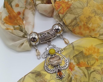 Gemstone Scarf Slider Pendant Necklace Set: Picture Jasper, Jade, Citrine - Floral Scarf & Rings