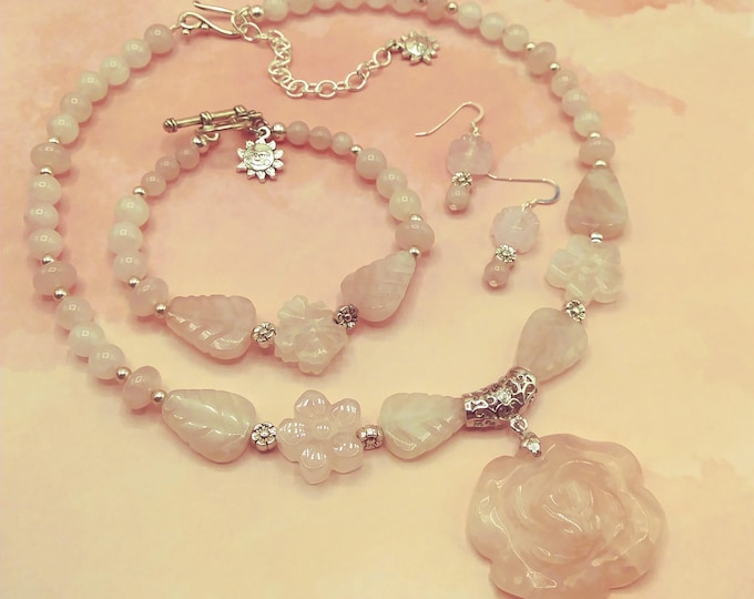 Pink Rose Quartz Carved Flower Pendant, Coordinating 3 Pc Set Includes Beaded Adjustable 17-21” Necklace, Toggle Bracelet, Pierced Earrings