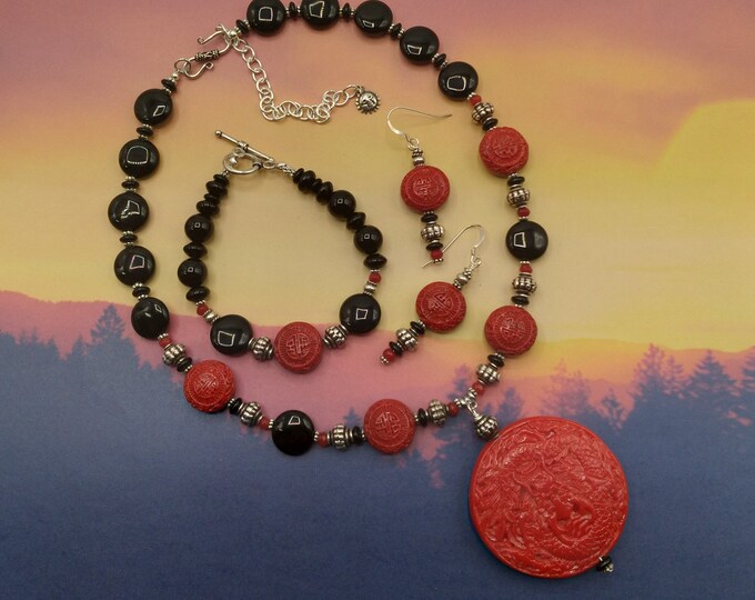 Solid Sterling Black Agate, Ruby Coordinating Jewelry Set of Carved Red Dragon Pendant, Adjustable Gem Necklace, Gem Bracelet & Earrings