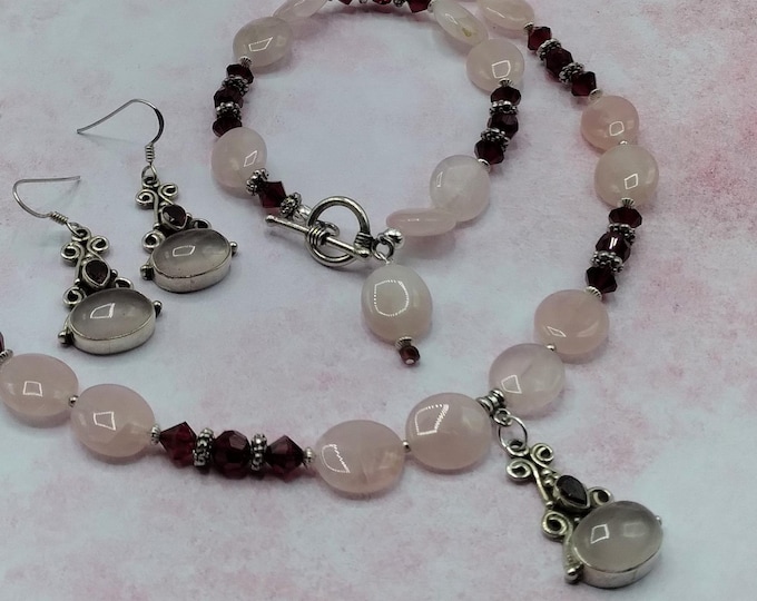 Rose Quartz, Garnet, Solid Sterling Silver Coordinating 3-Piece Jewelry Set, Adjustable Necklace, Toggle Bracelet, Matching Earrings, Signed