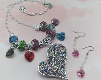 Crystal Heart Pendant Necklace & Earrings Set: Moonstone Chain, Hypoallergenic