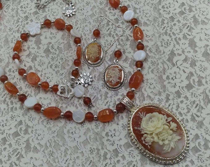 Cameo, 3 Piece Beaded Jewelry Set of Red Carnelian, Mother of Pearl 17 inch Adjustable Necklace, Includes Toggle Bracelet, Matching Earrings