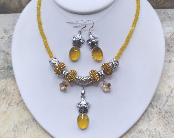 Golden Citrine Flower Charm Necklace, Earrings, 17-21 inch Adjustable Gem & Crystal Necklace with Matching Sterling Ear Wire Flower Earrings