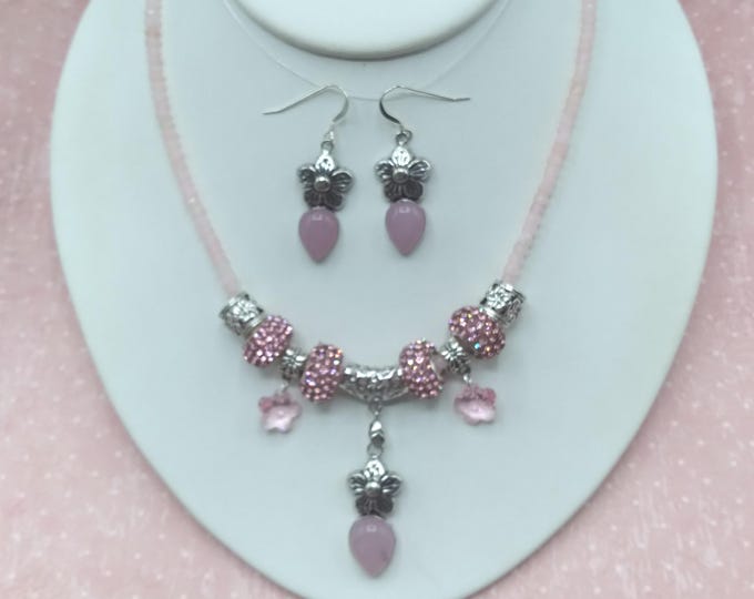 Rose Quartz Flower Charm Necklace and Earrings, 17-21 inch Adjustable Gem & Crystal Necklace with Matching Sterling Ear Wire Flower Earrings