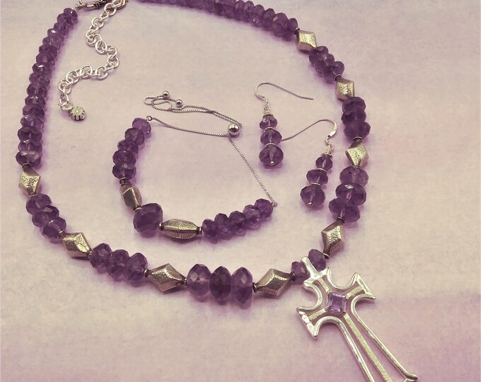 Faceted Amethyst Solid Sterling Beaded Jewelry Set, Adjustable Cross Necklace, Coordinating  Adjustable Bracelet, Faceted Pierced Earrings