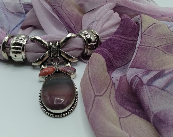 Purple Fluorite, Pink Rhodonite & Rhodochrosite Gem Scarf Slide Pendant Necklace, 6 Pc. Set, Includes Purple Floral Long Scarf,4 Scarf Rings
