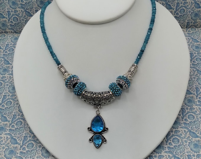 Blue Topaz, Silver Slide Gem Pendant, Set Includes 18 inch Faceted Blue Gemstone Beaded Adjustable Necklace , 8 Crystal & Silver Slide Beads