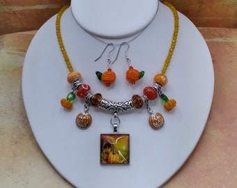Pumpkin Harvest Necklace & Earrings: Enameled Charms, Yellow Jade