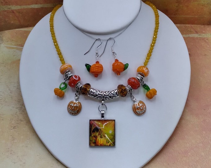 Pumpkin Harvest Necklace & Earrings: Enameled Charms, Yellow Jade