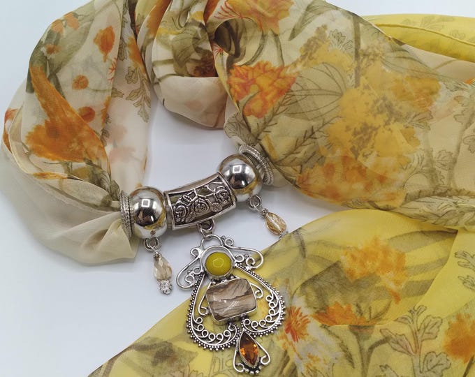Picture Jasper, Yellow Jade, Citrine Scarf Genuine Gemstone Pendant Necklace, 6 Pc Set Includes Golden Yellow Long Scarf and 4 Scarf Rings