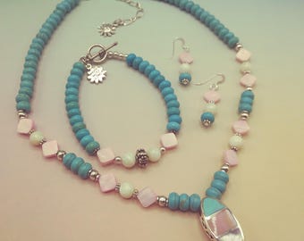 Turquoise with Pink and White Mother-of-Pearl 18 to 20 inch Adjustable Beaded Necklace, Coordinating Bracelet & Earrings, 3 Piece Set Signed